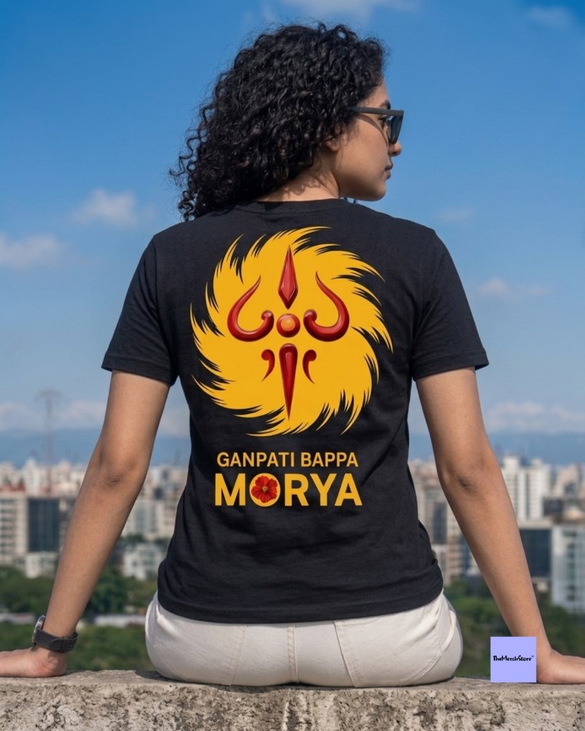 Ganpati Bappa Morya Sunburst Women Tee - black edition photo 1